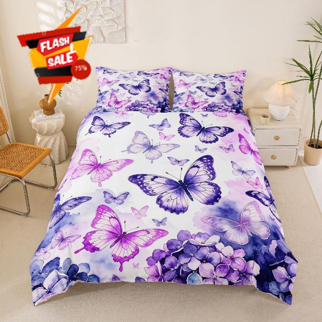 Erosebridal Watercolor Butterfly Duvet Cover Full Size Girly Tie Dye Bedding Set for Kids Boys Girls Purple Pink Wildlife Comforter Cover Dreamy Flowers Bedclothes Room Deco