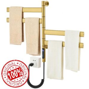Gold Towel Bar for Bathroom Wall Mounted Heated Towel Warmer Rotating 4-Bar                                                          Carbon Fiber Heating Towel Warmers，Stainless Steel Heated Towel Racks for Bathroom Adjustable Timer & Temp，IPX4