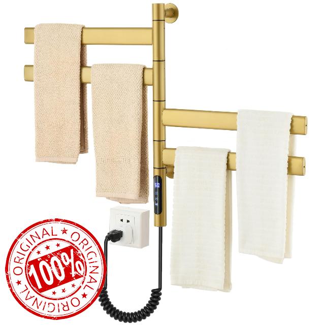 Gold Towel Bar for Bathroom Wall Mounted Heated Towel Warmer Rotating 4-Bar                                                          Carbon Fiber Heating Towel Warmers，Stainless Steel Heated Towel Racks for Bathroom Adjustable Timer & Temp，IPX4