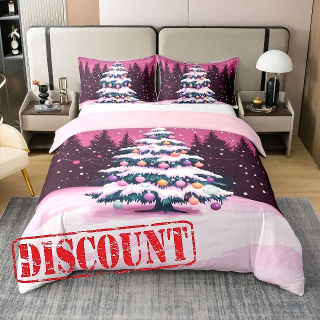 Feelyou Kids Pink Christmas Duvet Cover 100% Cotton Queen Size                                                          Boys Girls Xmas Tree Comforter Cover All Season Cozy Winter Snowflake Bedding Set 3Pcs Room Decor Soft Lightweight Microfibe