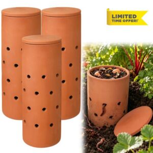 3 Pcs 10" Terracotta Inground Worm Composter Bulk Outdoor Garden                                                          Small Compost Bin with Lids Holes