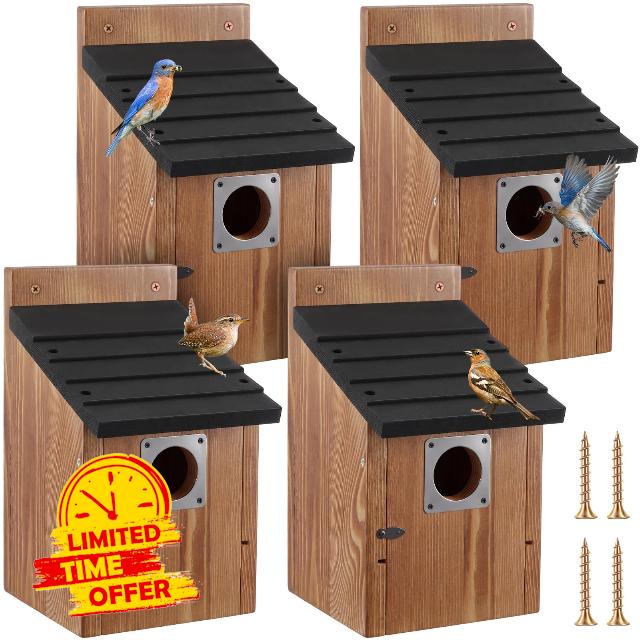 Dreyoo 4 Pack Bluebird Houses for Outside with Metal Predator Guard