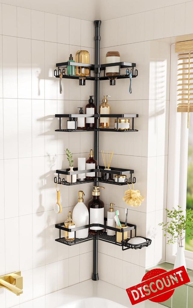 HAMITOR Shower Caddy Tension Pole 4-Tier Corner Storage Bathroom Essentials                                                          L-Shaped Bathroom Storage with Soap Holder and Hooks