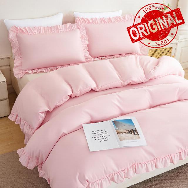 Queen Ruffled Duvet Cover Set Pink Comforter Cover Set 3 Pieces                                                          Farmhouse Shabby Chic Bedding Cover Set