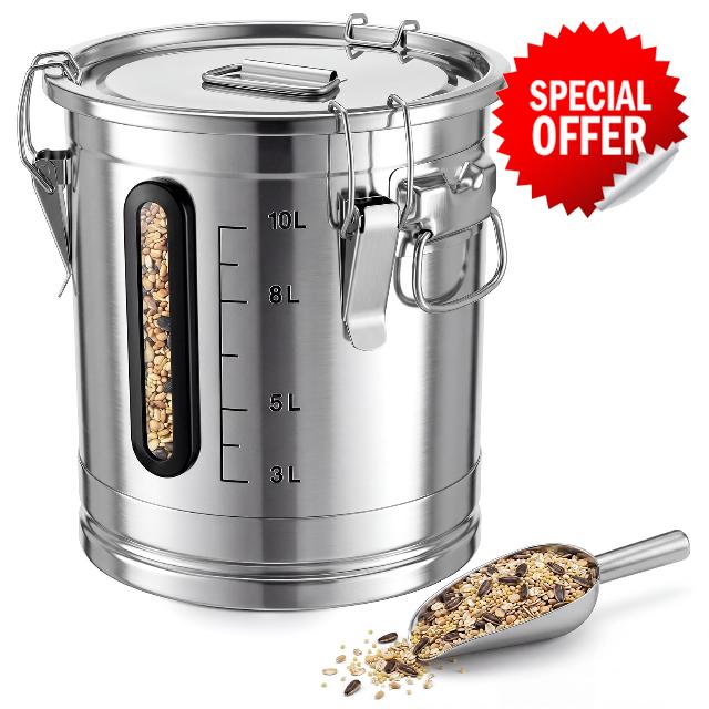 Gisafai 18 Lbs Wild Bird Food Seed Storage with Scoop Stainless Steel Transparent Window Measurement Scale Farmhouse Bird Food and Seed Locking Storage Bucket Bin Critter-Proof Bucke