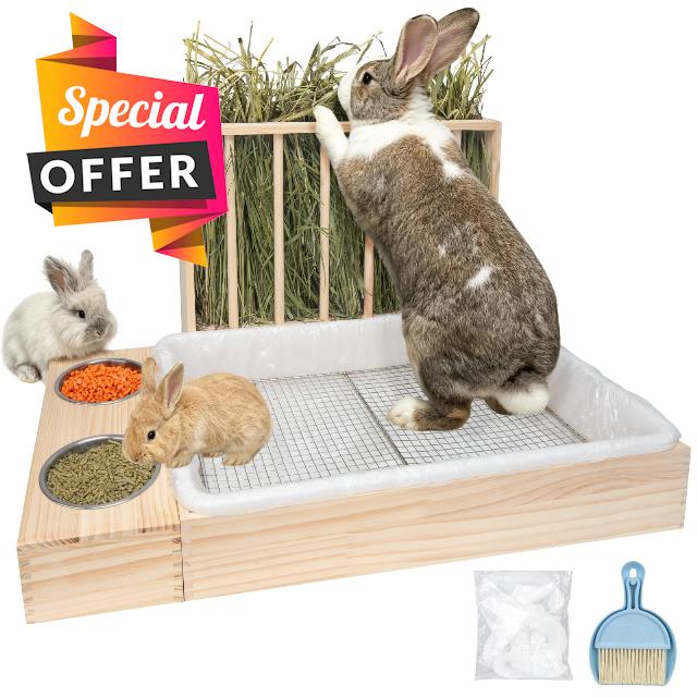 BESNEW Extra Large 3 in 1 Rabbit Hay Feeder with Litter Box
