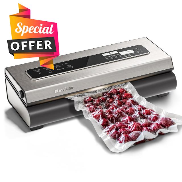 Mesliese 90kPa Vacuum Sealer Dry/Moist Modes 2 Bag Rolls & 5 Pre-cut Bags                                                          6-in-1 Compact Vacuum Food Sealing Machine
