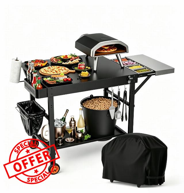Outdoor Grill Table/Cart and Grill Cover for Pizza Oven Table