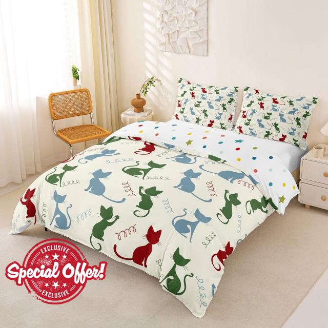 Mid Century Cat Bedding Duvet Cover Set Queen Size for Boys Girls Retro Abstract Art Bed in a Bag 3Pcs