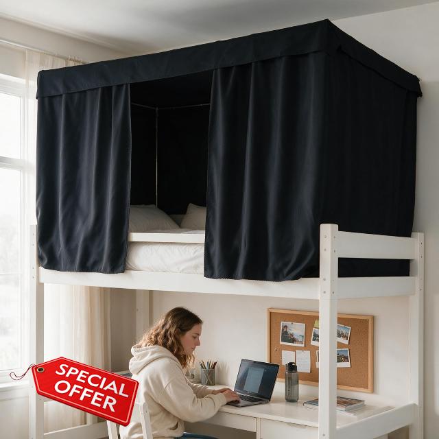 Blackout Bunk Bed Curtains for Dorms and Top Bunk Beds                                                          3-piece dorm set with canopy top