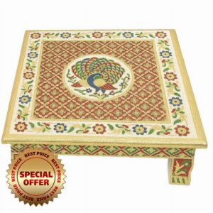 Puja Wooden chownki Mandir Puja Chowki Wedding Export Quality Chowki Puja Chownki Puja Bajot Stool for Home & Office Wooden Pooja chowki (Golden) (Pack of 1)