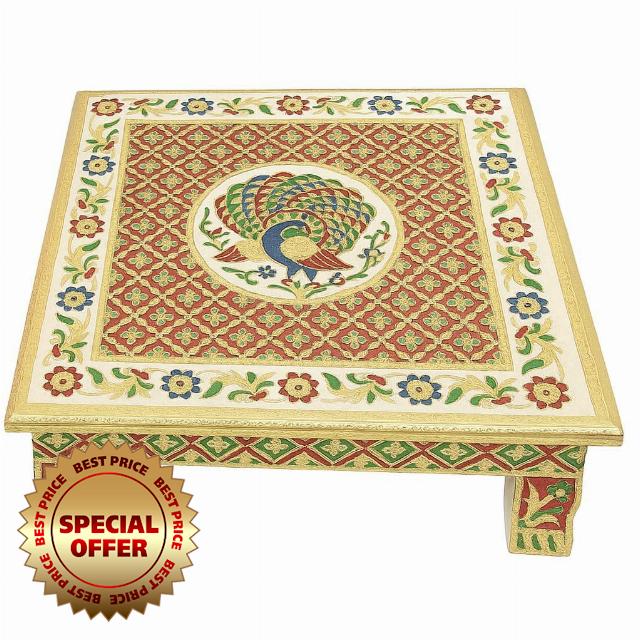 Puja Wooden chownki Mandir Puja Chowki Wedding Export Quality Chowki Puja Chownki Puja Bajot Stool for Home & Office Wooden Pooja chowki (Golden) (Pack of 1)