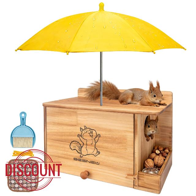 BESNEW Durable Squirrel House with Feeder & Umbrella & Small Cup & Mat                                                          4-in-1 Wooden Squirrel Box for Outside