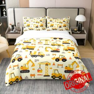 100% Cotton Cartoon Trucks Duvet Cover Full Size Cute Yellow Construction Vehicle Bedding Set for Kids Boys Girls Teens Tractor Excavator Tower Crane Decor Quilt Cover