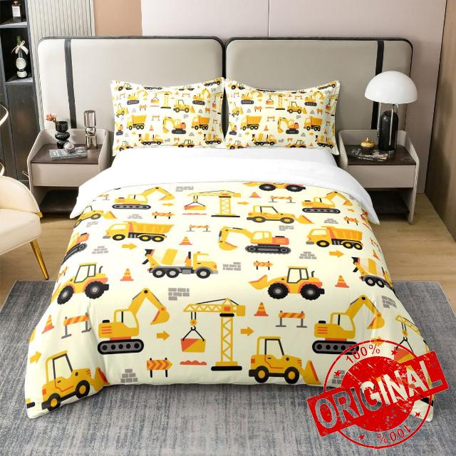 100% Cotton Cartoon Trucks Duvet Cover Full Size Cute Yellow Construction Vehicle Bedding Set for Kids Boys Girls Teens Tractor Excavator Tower Crane Decor Quilt Cover