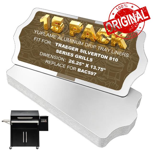 15 Pack BAC597 Drip Tray Liners for Traeger Silverton 810 & XL Pellet Grill 26.25"x13.75"Aluminum grill liner