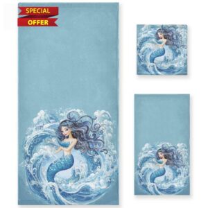 Ocean Wave Beautiful Mermaid Soft Set of 3 Towels