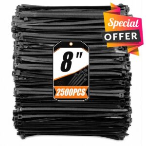 8 Inch Black Zip Ties 2500 Pack Heavy Duty 60LBS UV Resistant                                                          Cable Ties Nylon PA66 Long Wire Ties for Garden Outdoor Fencing and Home Organizing