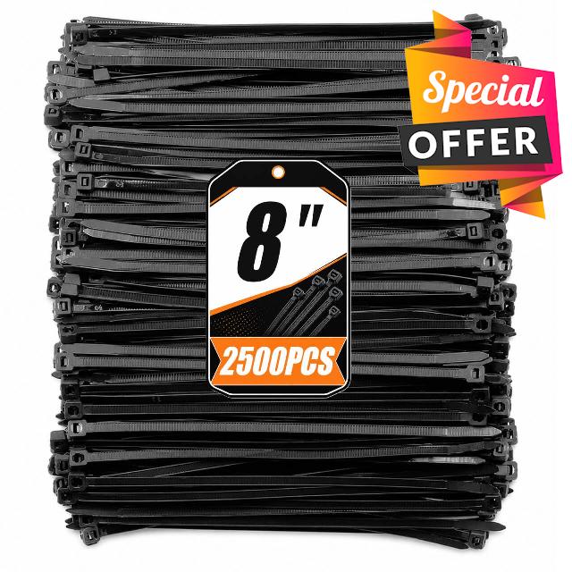 8 Inch Black Zip Ties 2500 Pack Heavy Duty 60LBS UV Resistant                                                          Cable Ties Nylon PA66 Long Wire Ties for Garden Outdoor Fencing and Home Organizing