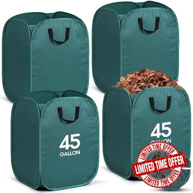 4 Pcs 45 Gallon Collapsible Leaf Bags for Lawn and Yard                                                          Leaf Bags with Handles