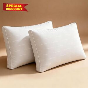 Calvin Klein Luxury Hotel Pillow Queen Size Set of 2 Down Alternative                                                          Medium Firm Oeko-Tex Certified Print Gusseted 100% Cotton Cover for Back Stomach or Side Sleepers