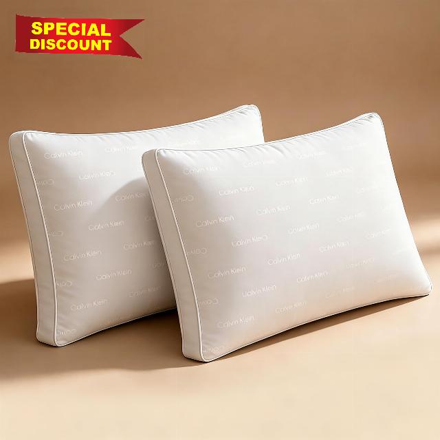 Calvin Klein Luxury Hotel Pillow Queen Size Set of 2 Down Alternative                                                          Medium Firm Oeko-Tex Certified Print Gusseted 100% Cotton Cover for Back Stomach or Side Sleepers