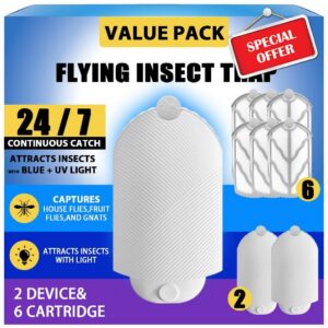 Indoor Flying Insect Trap Kit 2 Plug-in Bases + 6 Refill Cartridges                                                          Dual-UV Light Attraction