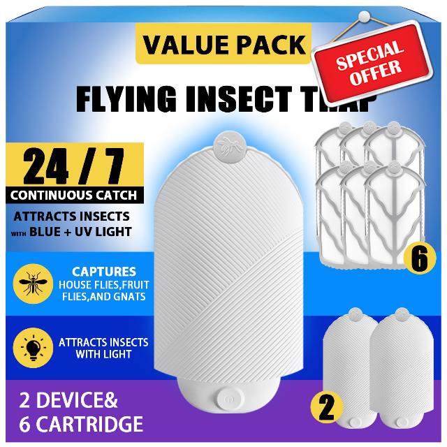 Indoor Flying Insect Trap Kit 2 Plug-in Bases + 6 Refill Cartridges                                                          Dual-UV Light Attraction