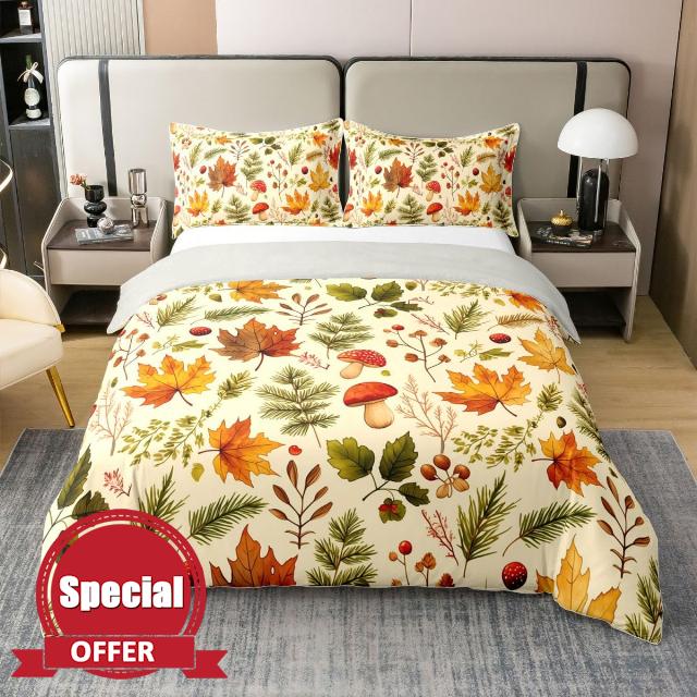 Erosebridal Fall Harvest 100% Cotton Duvet Cover Twin for Kids Girls Boys                                                          Autumn Maple Leaf Bedding Set For Teens Adults Rustic Mushroom Comforter Cover Autumn Harvest Woodland Bedclothes 2 Pcs