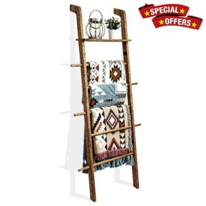 Blanket Ladder 67" Tall 6-Tier Wooden Farmhouse Rustic Towel Rack                                                          Blanket Rack with 5 Hooks