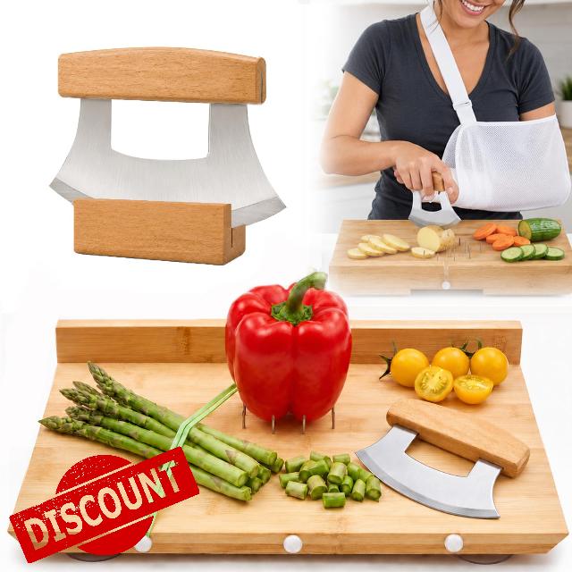Adaptive One Handed Cutting Board Set with suction cup feet and Ulu Knife