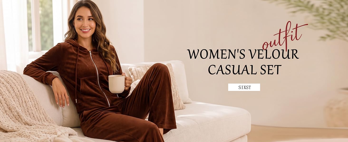 Sixstar Velour Tracksuit For Women Long Sleeve 2 Piece Zip Hoodie Sets