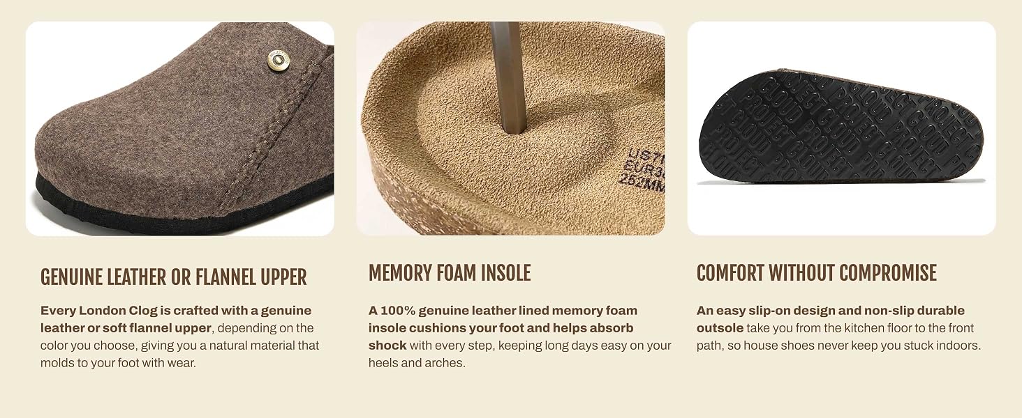 Project Cloud London Leather or flannel clogs with memory foam and an indoor-outdoor sole