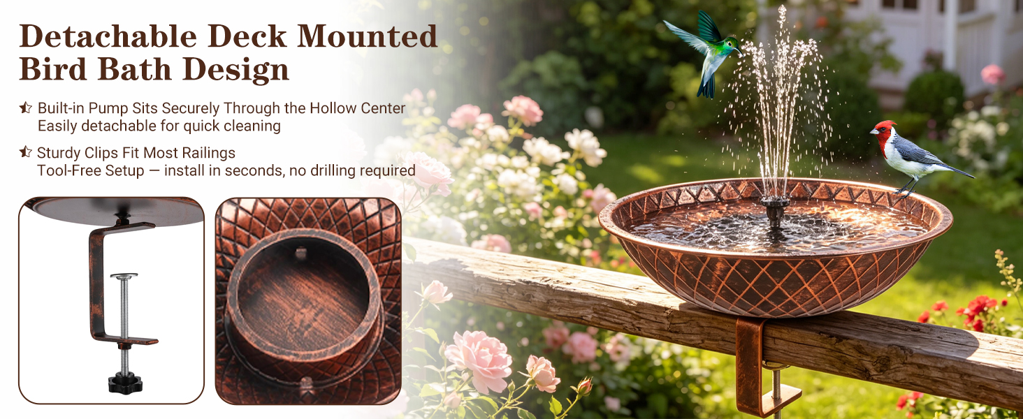 deck mounted bird bath with solar fountain