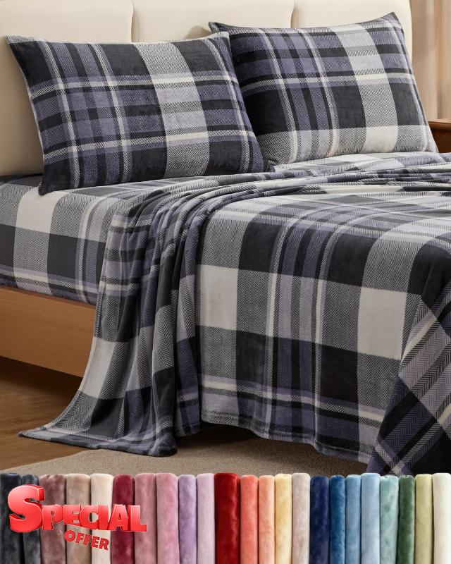 Fleece Sheets Queen Size Set - 4-Piece Flannel Sheet Set - Grey Tartan                                                          Super Soft Fleece Bedding