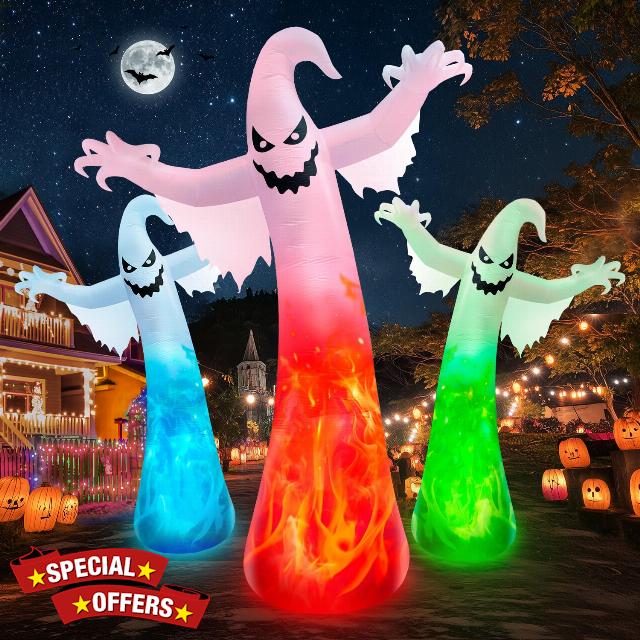 12FT Giant Halloween Inflatables Ghost with 3-Colored Flame Rotation Light                                                          zukakii Huge Creepy Halloween Decoration outdoor Large Spooky Blow Up Yard Decoration Blowups for Lawn Party Festival (1PCS)