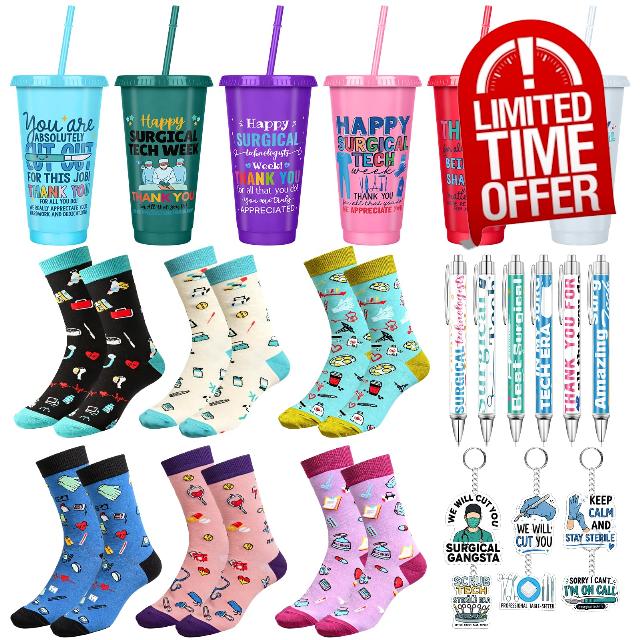 24 Pcs Surgical Tech Gifts Set Surgical Tech Week Gifts Sets for Men Women                                                          Surgical Technologist Appreciation Gift Include Socks Tumblers Pens and Keychains for Hospital Team Staff Nurse Docto