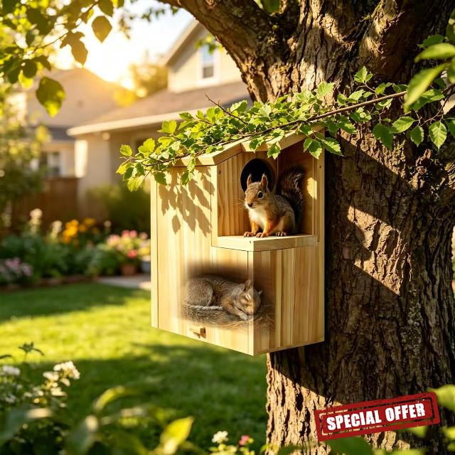 Large Outdoor Wooden Squirrel House and Nesting Box with Predator Guard                                                          Natural wood squirrel box with predator guard & sloped roof. Easy to mount and clean. Safe winter shelter for nesting