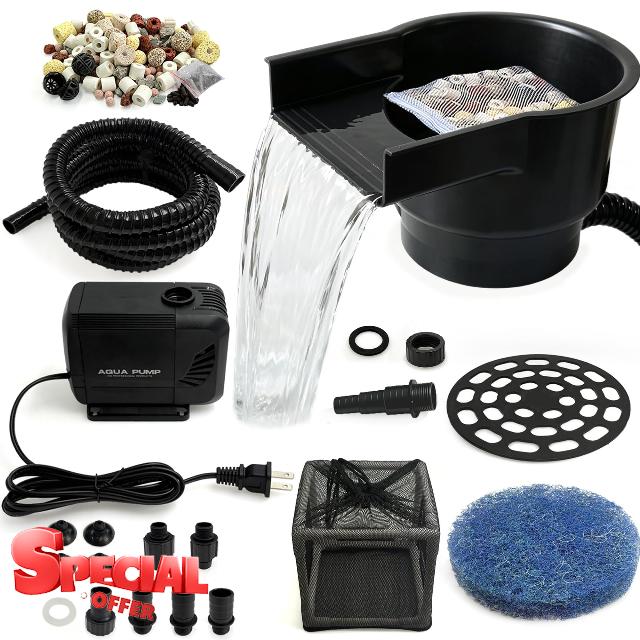 Pond Waterfall Spillway with 8 Inch Wide Weir & 900 GPH Pump                                                          PP Material Smooth Flow Pond Waterfall Box for Garden Water Features & Streams