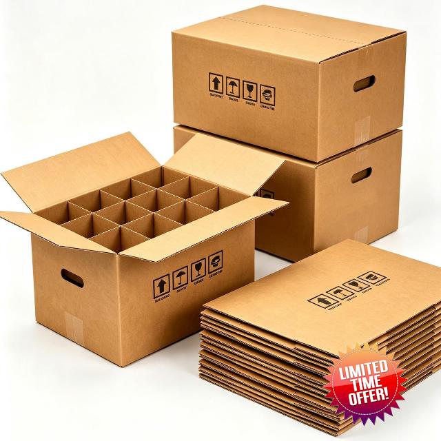 10 Sets Wine Boxes for Moving with Reinforced Cardboard and Handle                                                          (16x11.8x11.8 in) Wine Glass Moving Boxes