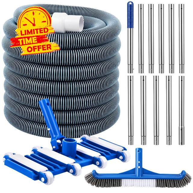 4 Pcs Swimming Pool Cleaning Kit Including Pool Vacuum Head with 1-1/2" x 30 ft Hoses Flexible Head with Wheels and White Pole 14 '' Cleaning Brush for Inground Above Ground Swimming Supply