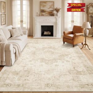 Garvee 8x10 Area Rug Vintage Boho Beige Washable Living Room Rug Non Slip                                                          Neutral Medallion Carpet Soft Retro Low Pile Distressed Floor Mat for Dining Room Bedroom Office Indoor Home Deco