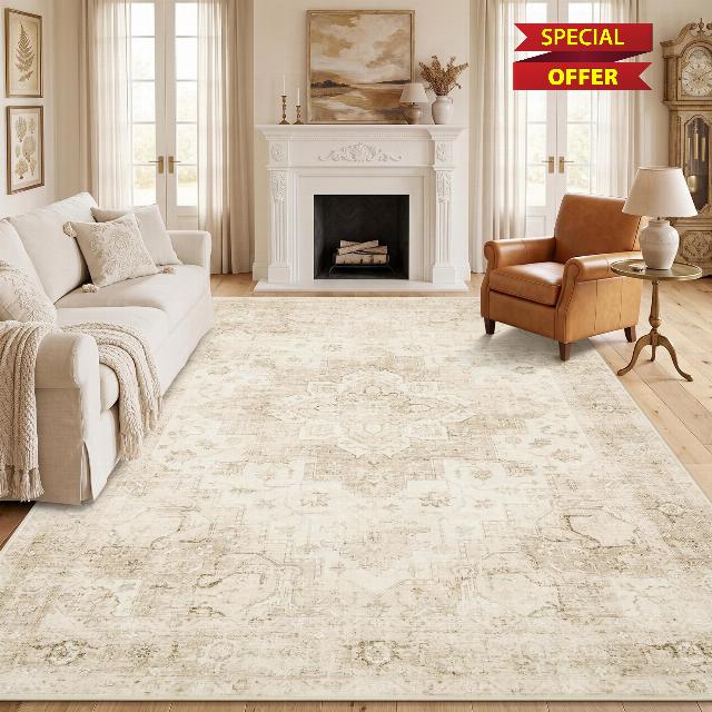 Garvee 8x10 Area Rug Vintage Boho Beige Washable Living Room Rug Non Slip                                                          Neutral Medallion Carpet Soft Retro Low Pile Distressed Floor Mat for Dining Room Bedroom Office Indoor Home Deco