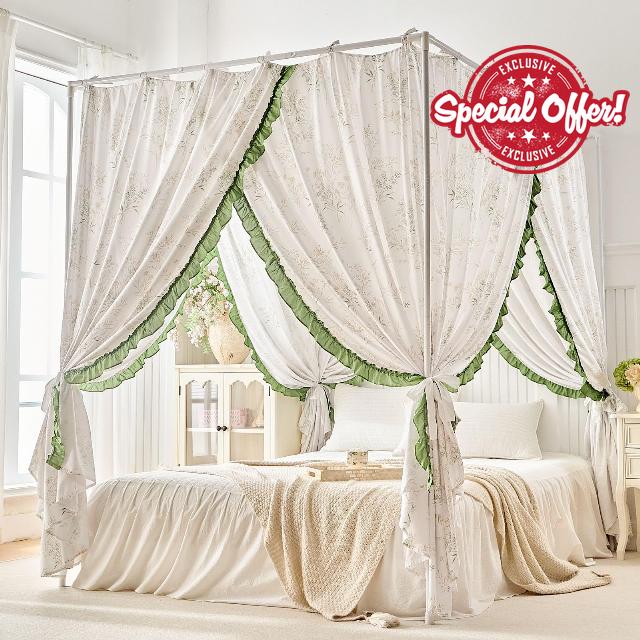 AIKASY Floral Ruffle Bed Canopy Curtains