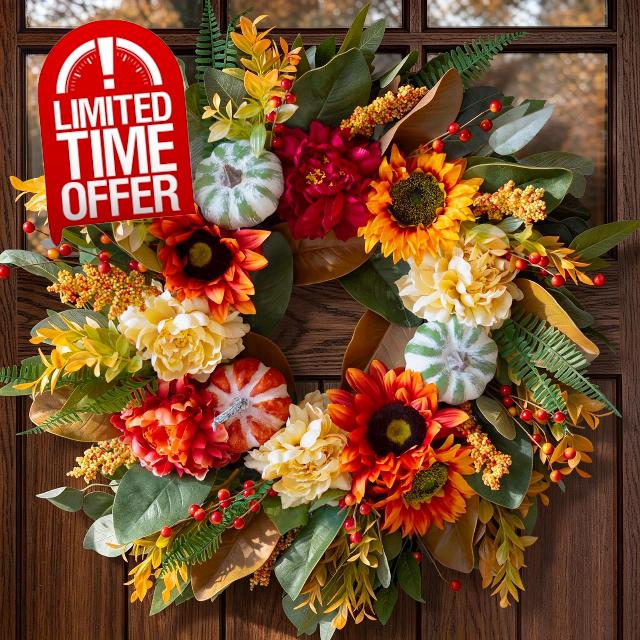 Harvest Fall Wreaths for Front Door Outside 24 Inch Autumn Magnolia Wreath                                                          Artificial Fall Door Wreath with Sunflowers