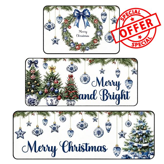 3 Pcs Blue White Chinoiserie Christmas Kitchen Rugs and Mats Set                                                          Blue White Christmas Kitchen Decoration Non Slip Rugs for Xmas Party Kitchen