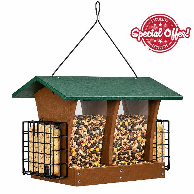 BE Redwood Plastic Lumber Hopper Bird Feeder w/Suet Cages                                                          Center hopper