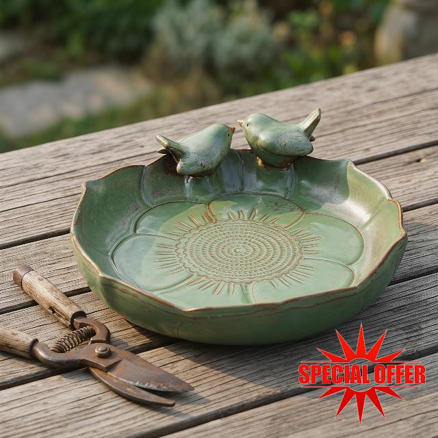 Bird Bath Bowl | Feeder - 9.45" Ceramic Heavy-Duty Moss Green Design for Outdoor Garden