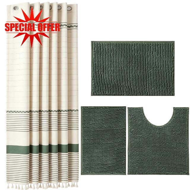 Sage Green Bathroom Sets with Shower Curtain and Rugs                                                          Modern Farmhouse Shower Curtain and Washable Waterproof Chenille Bath Rugs Non Slip Bath Mat 12 Hooks for Bathroom Deco