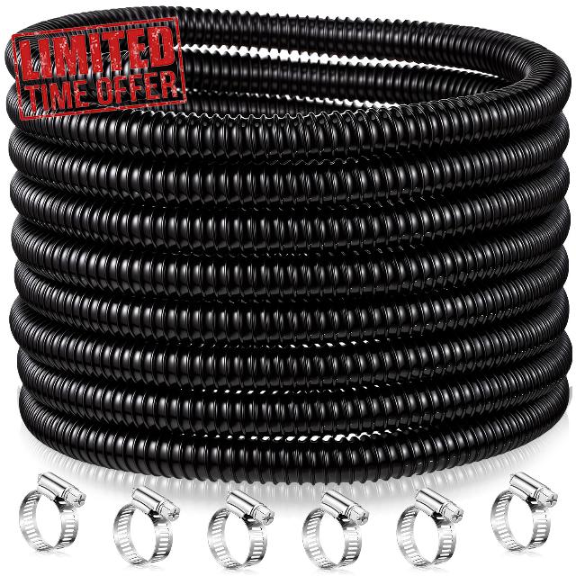 VIHOSE 1” X 30 Feet Pond Tubing Flexible PVC Pond Hose with Stainless Steel Hose Clamps Garden PVC Tube Black Kink-resistant Pump Tubing for Waterfalls Camping Caravans Filters Drainage